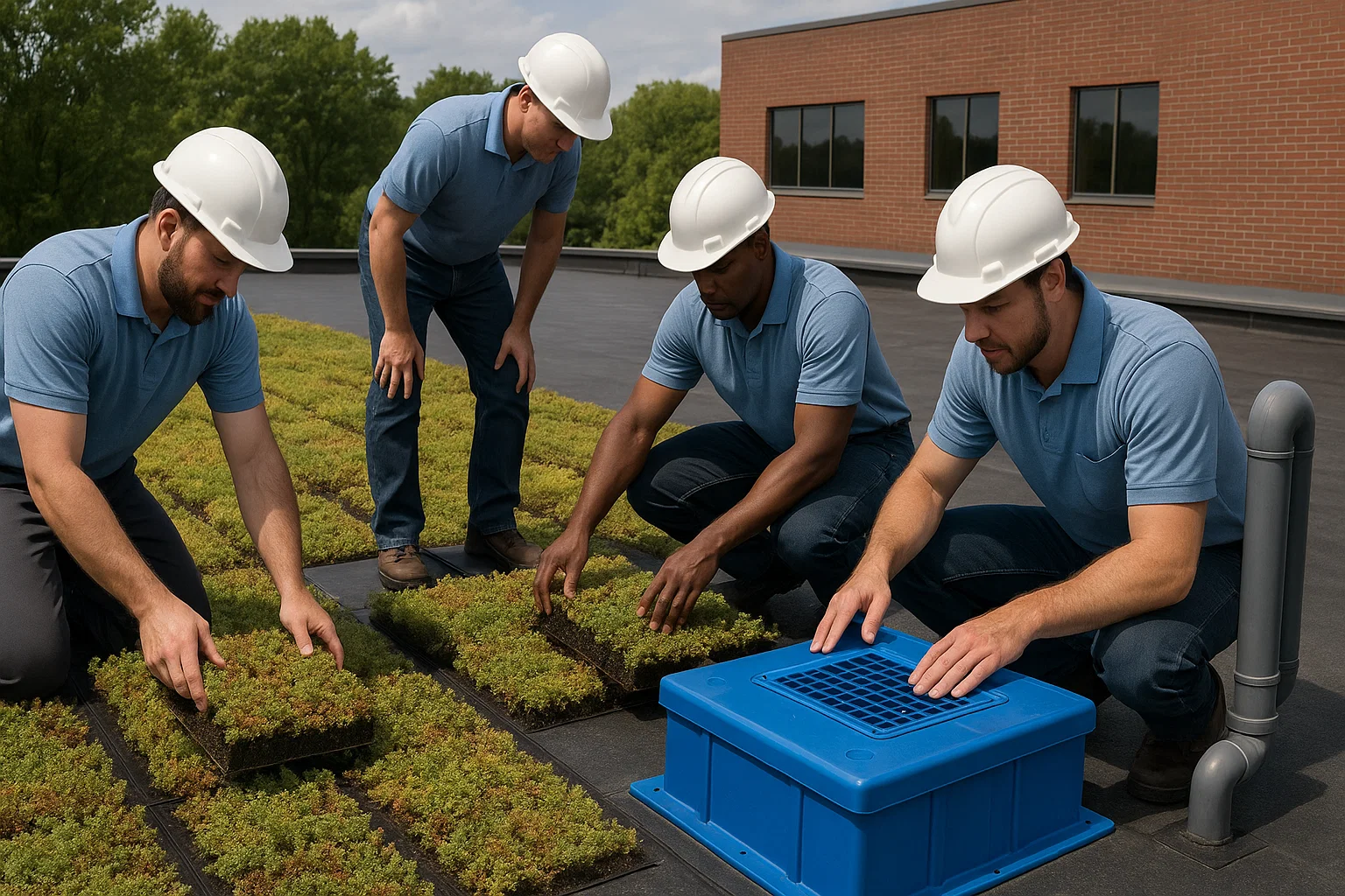 Best Roofers team installing green roofing and checking blue roof drainage on a commercial building.