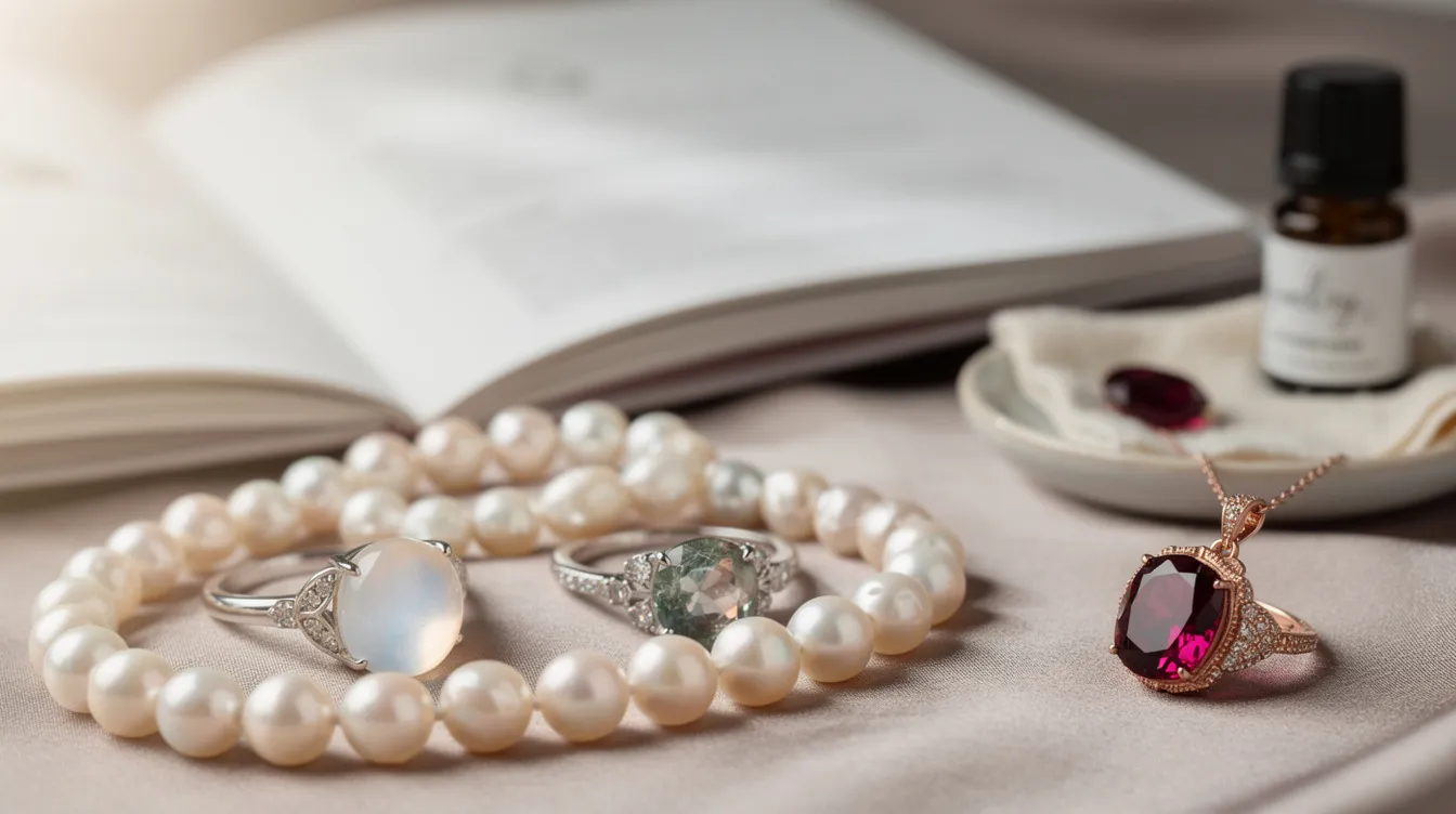 This image showcases a beautiful collection of birthstone jewellery featuring July's ruby, known for its striking red colour and symbolism of passion and love, alongside June's softer options like pearl, moonstone, and alexandrite. The jewellery pieces, including necklaces and earrings, are elegantly designed to highlight the unique beauty and meaning of each gemstone.
