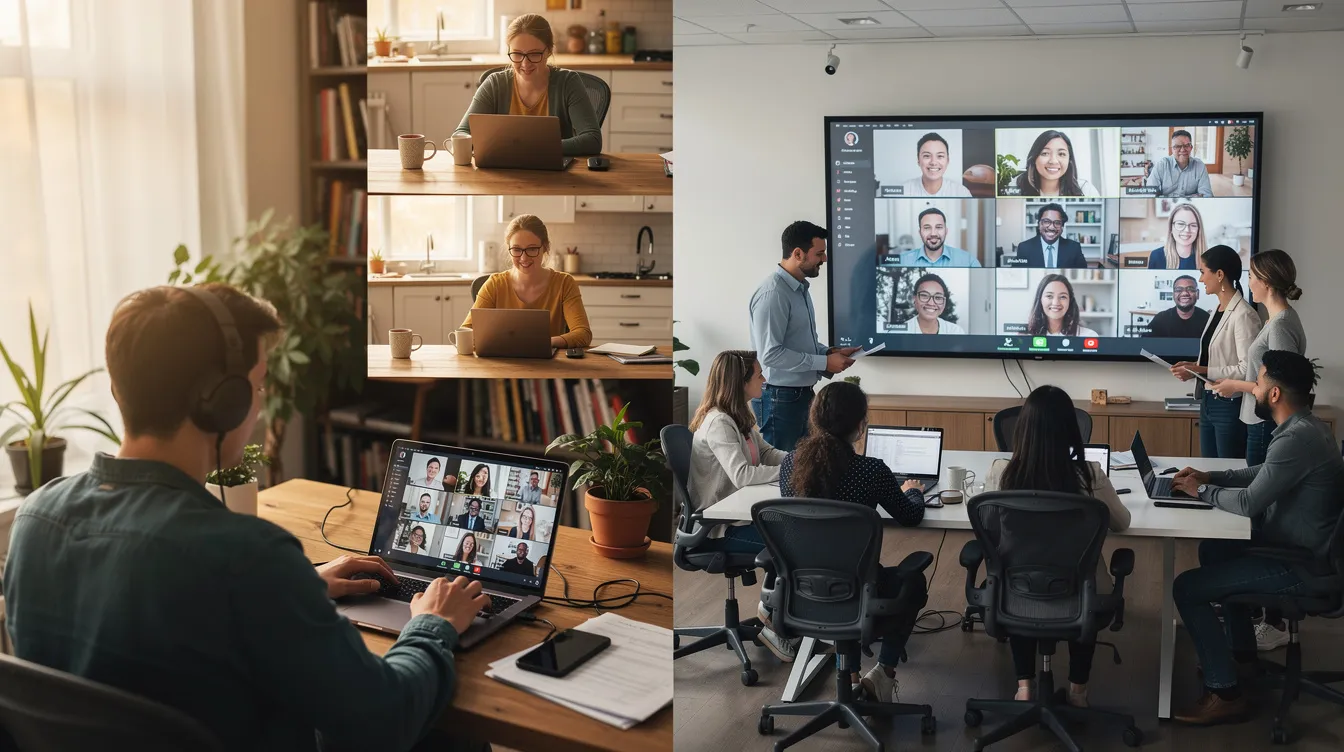 L'image montre un écran partagé avec des personnes travaillant à domicile sur des ordinateurs portables, tandis que d'autres sont dans un bureau, tous connectés par un appel vidéo. Cette scène illustre la diversité et l'inclusion dans un environnement de travail moderne, mettant en avant la collaboration entre des collègues aux points de vue variés.