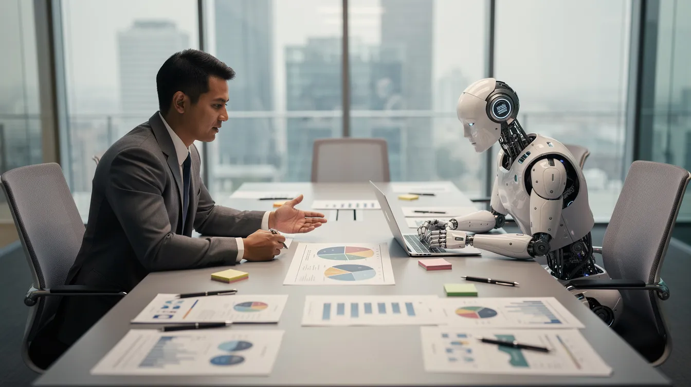 The image depicts a human professional and a robot sitting at a table filled with strategy documents and charts, showcasing a collaborative environment where human intelligence and AI systems intersect. This scene highlights the potential for AI tools to enhance business strategies through actionable insights while emphasizing the importance of human judgment in decision-making processes.