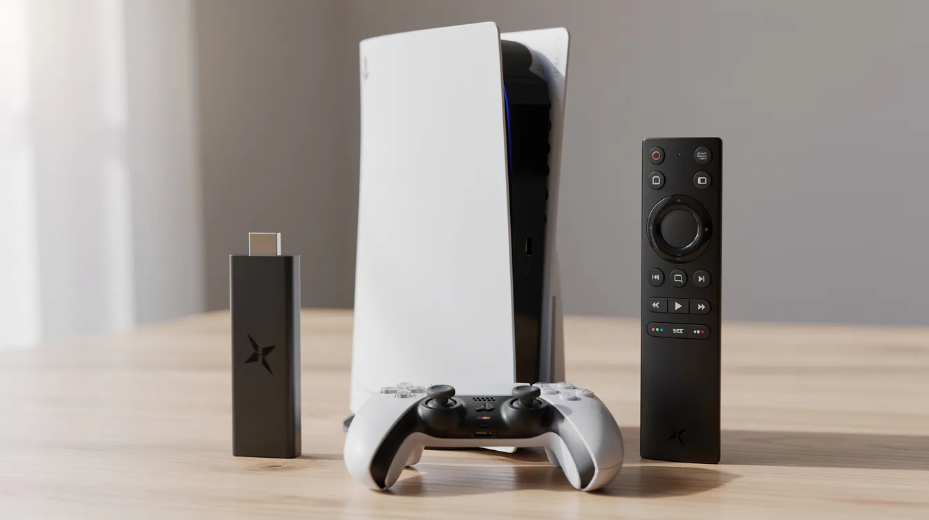 Auf einem Tisch liegen verschiedene Streaming-Geräte nebeneinander: ein Streaming-Stick, eine Spielkonsole und eine Fernbedienung. Diese Geräte ermöglichen das Streamen von Filmen und Serien über das Internet und bieten Zugang zu verschiedenen Streaming-Diensten und Plattformen.