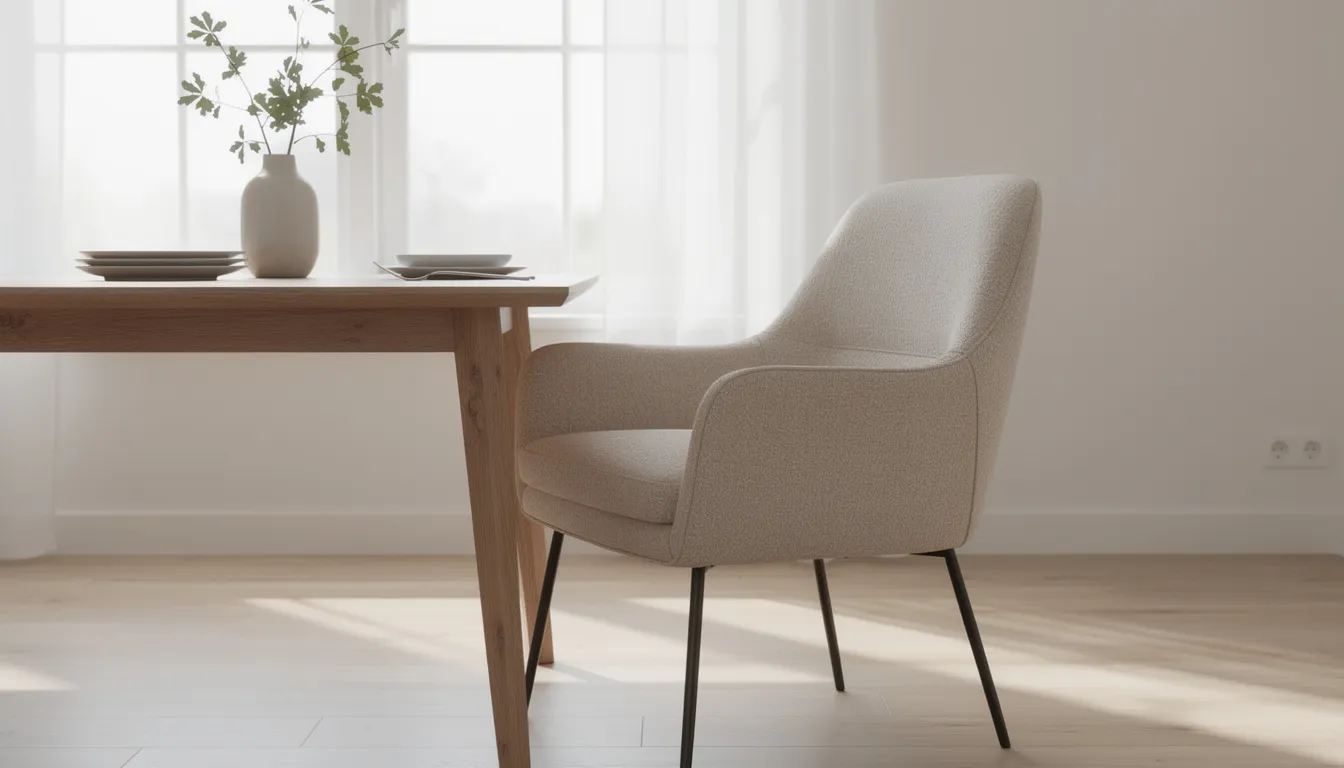 Eetkamerfauteuil kopen? Tips, comfort & stijladvies Een moderne eetkamerfauteuil met zachte stof bekleding staat aan een houten eettafel in een lichte eetkamer, perfect voor het creëren van een gezellige eethoek. Deze fauteuil biedt comfort en stijl, waardoor het een ideale keuze is voor het ontvangen van vrienden en familie.