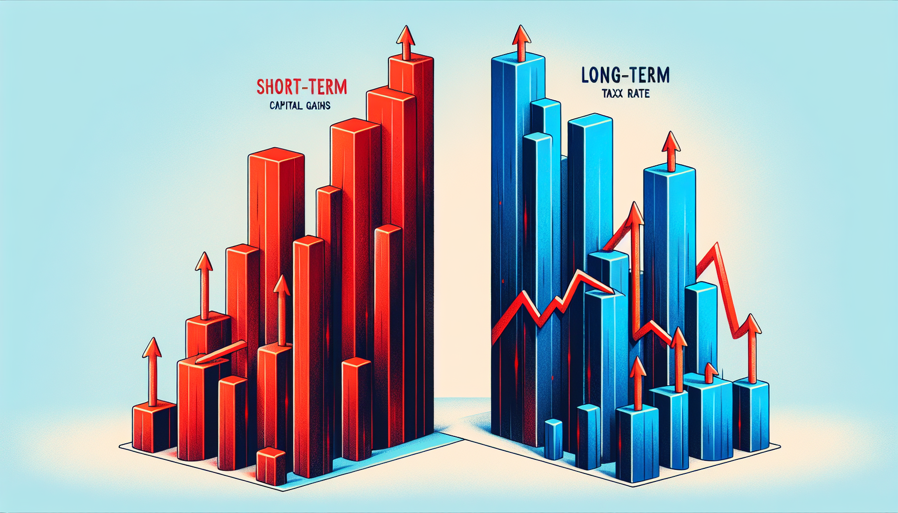 Illustration comparing short-term and long-term capital gains tax rates with arrows pointing in different directions