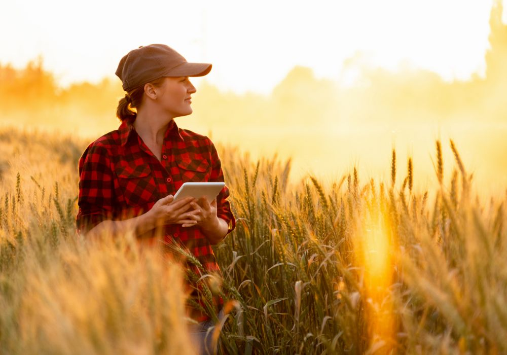 Pretty young woman in a red plaid shirt and cap holding a tablet in a field.