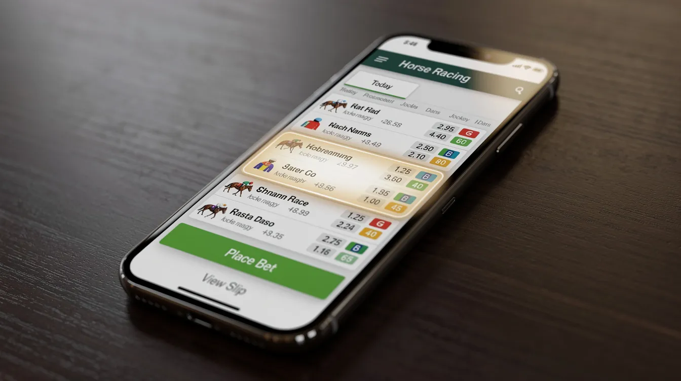 A mobile phone screen shows a horse racing betting app interface, featuring options for placing bets on events like the Grand National, with promotional offers such as "get 40 in free bets" and details on free bet rewards. The app displays various betting options and odds, making it easy for users to engage with the Grand National festival and other horse racing events.
