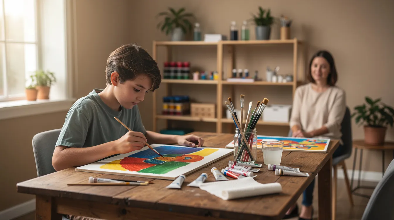 A teenager is seated at a table, painting in a calm therapeutic setting that promotes emotional health and well-being. This creative outlet serves as a healthy coping mechanism for managing intense emotions and underlying mental health conditions, providing a safe space for self-expression and emotional regulation.