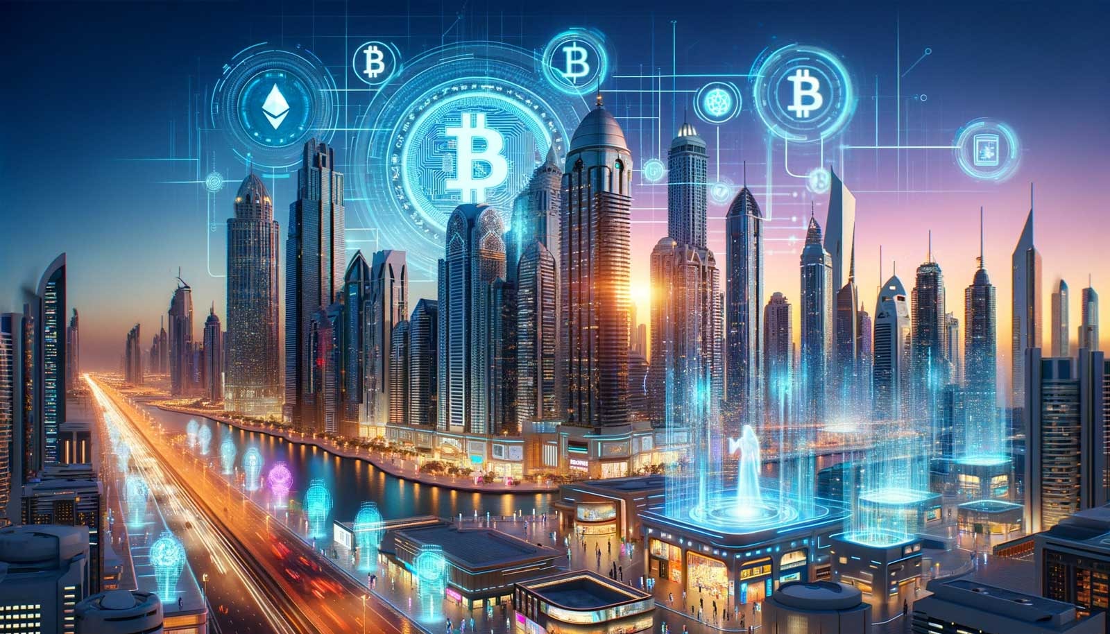 مشهد رقمي لمدينة دبي مع رموز العملات الرقمية مثل البيتكوين والإيثريوم، مما يعكس تطور التكنولوجيا المالية والاقتصاد الرقمي