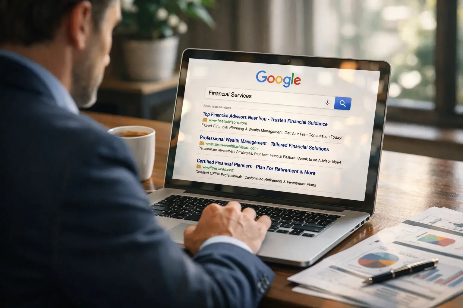 Financial advisor researching financial services search results and PPC ads on Google