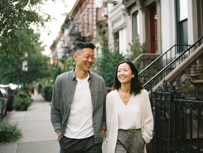 Asian couple walking together in a Brooklyn neighborhood, showing emotional closeness and a relaxed, connected relationship.