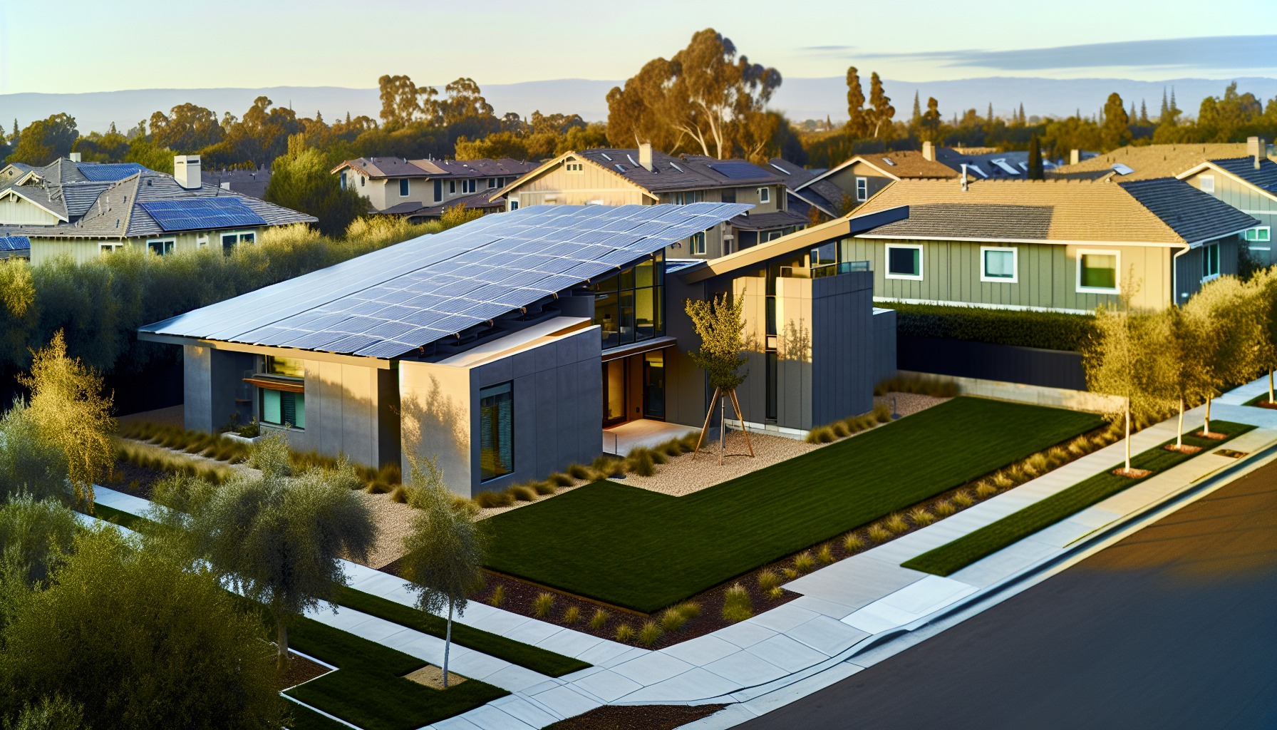 Solar panels on roof of a modern net zero home