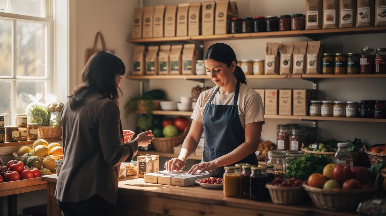 A small business owner wearing an apron is attentively working in their local community store, surrounded by sites such as shelves filled with various products in reach. The scene conveys a sense of dedication and connection to the community, highlighting the importance of small businesses in providing helpful services and support to local entrepreneurs.