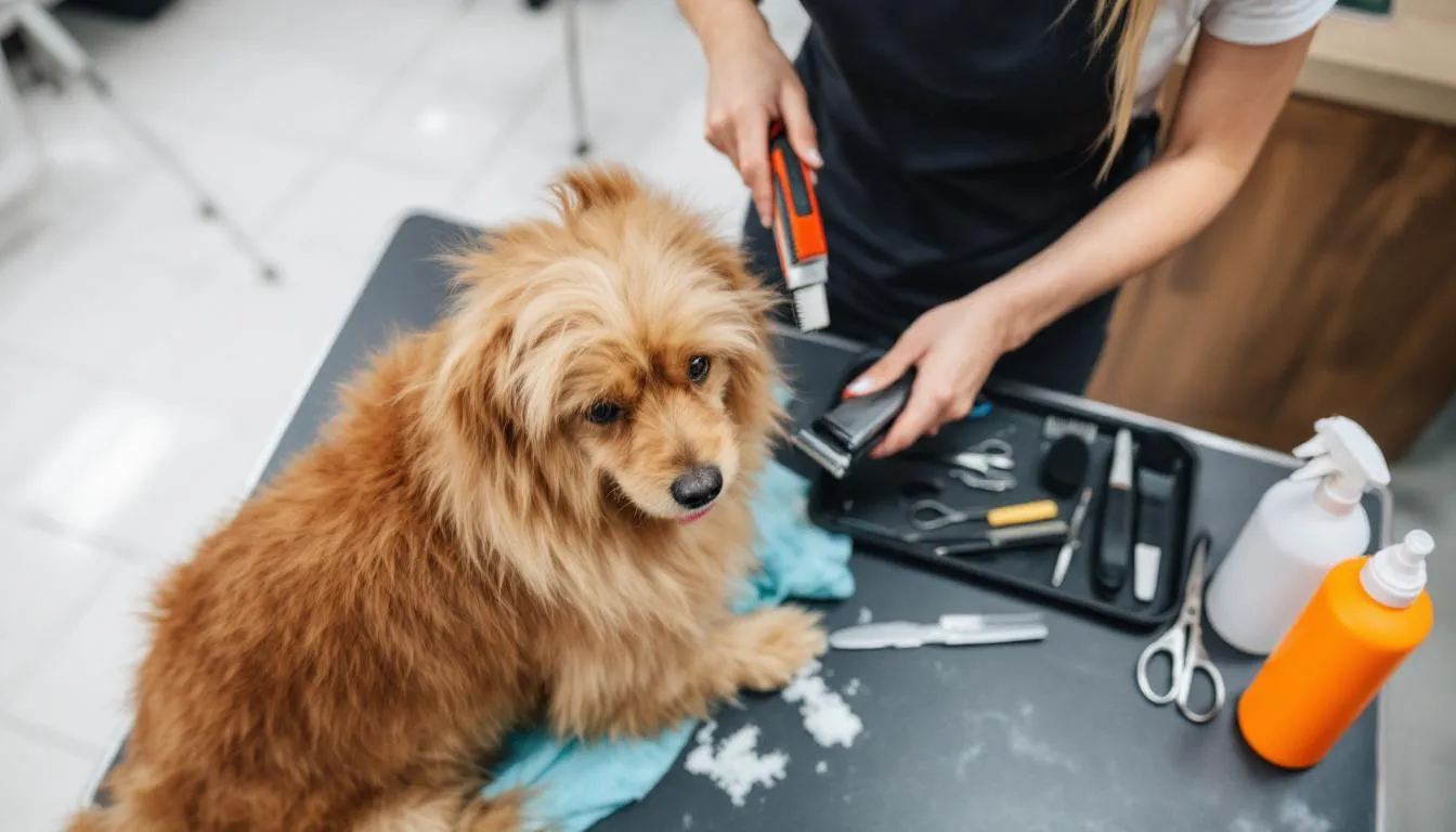 A mini goldendoodle is being groomed, surrounded by various grooming tools such as clippers and brushes, showcasing the careful grooming process. The playful dog, with its fluffy non-shedding coat, embodies the traits of a perfect puppy, ready to bring joy to families.