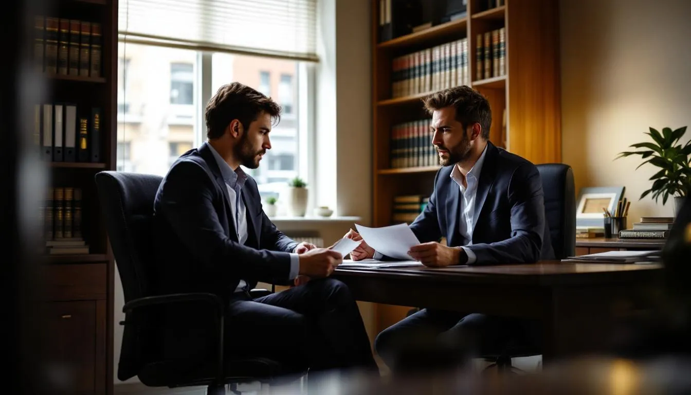 A person is consulting with a Nashville criminal defense attorney in a law office, discussing the legal process following detention by law enforcement officers. The scene emphasizes the importance of legal representation and understanding one's rights, including the right to remain silent during a police encounter.