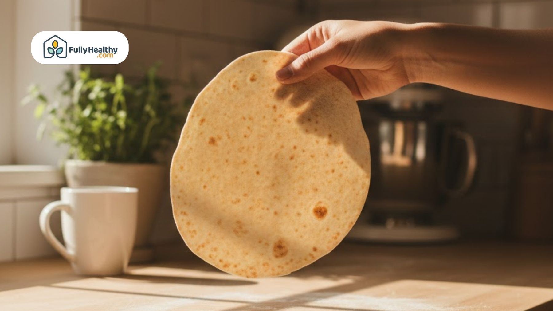 Hand holding thin tortilla flat bread.