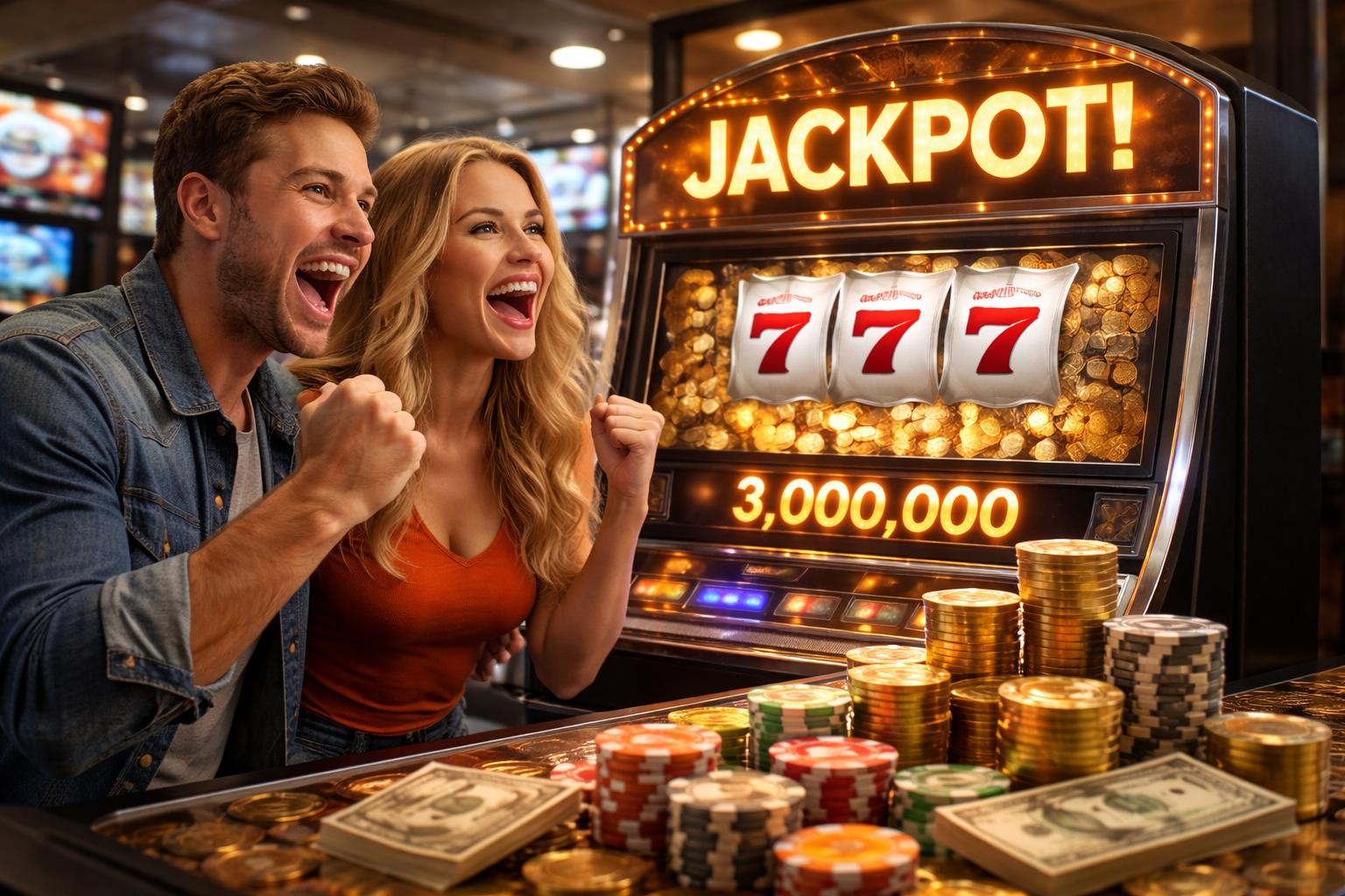 Spelers die een jackpot winnen op een online gokkast, met 777-symbolen en grote winst bij een online casino met jackpotslots.