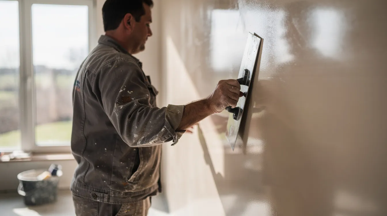 An artisan plasterer is skillfully using a steel trowel to burnish a smooth, polished wall surface, showcasing the elegant finish of venetian plaster in a bright interior room. The technique highlights the use of natural materials, such as lime and marble dust, to create a timeless beauty with a marble-like finish.