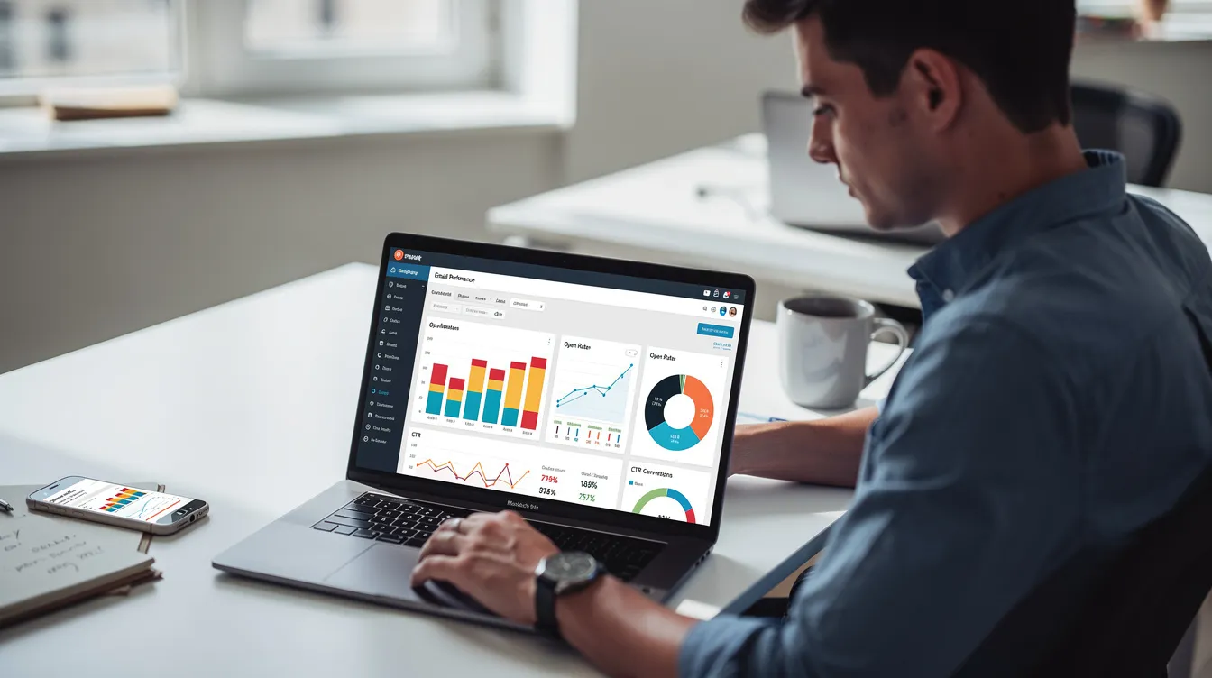 A marketing professional is intently reviewing email campaign analytics on a laptop, where various charts and graphs illustrate performance metrics. This scene highlights the role of digital marketing specialists in data-driven decision making and campaign management, essential for optimizing email marketing strategies.