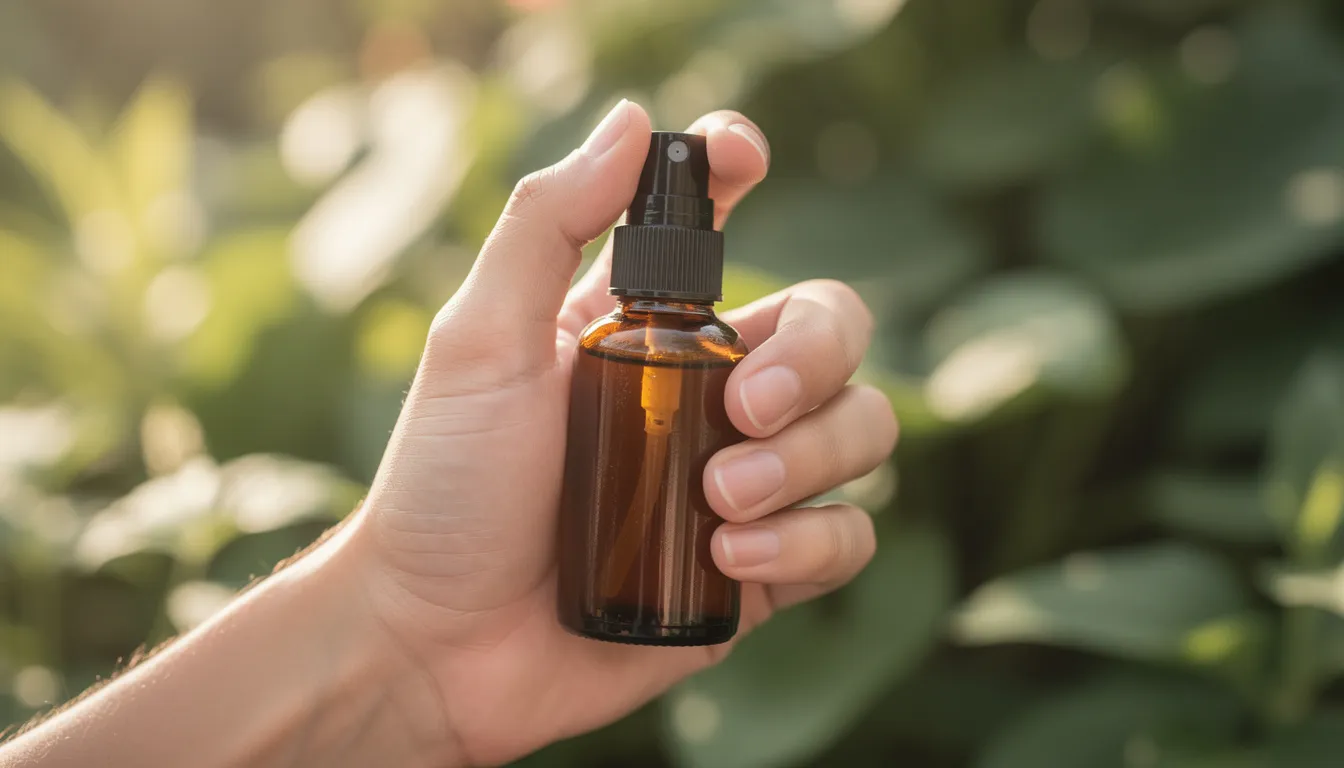 A person's hand is holding a small amber glass spray bottle filled with a homemade sunburn spray, set against a sunny outdoor background with lush green plants. The bottle may contain soothing ingredients like aloe vera and lavender essential oil, ideal for providing relief from sunburn and skin irritation.