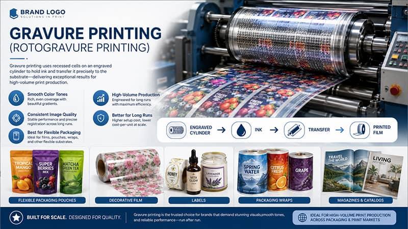 Gravure printing for high volume flexible packaging labels decorative film product wraps magazines and catalogs