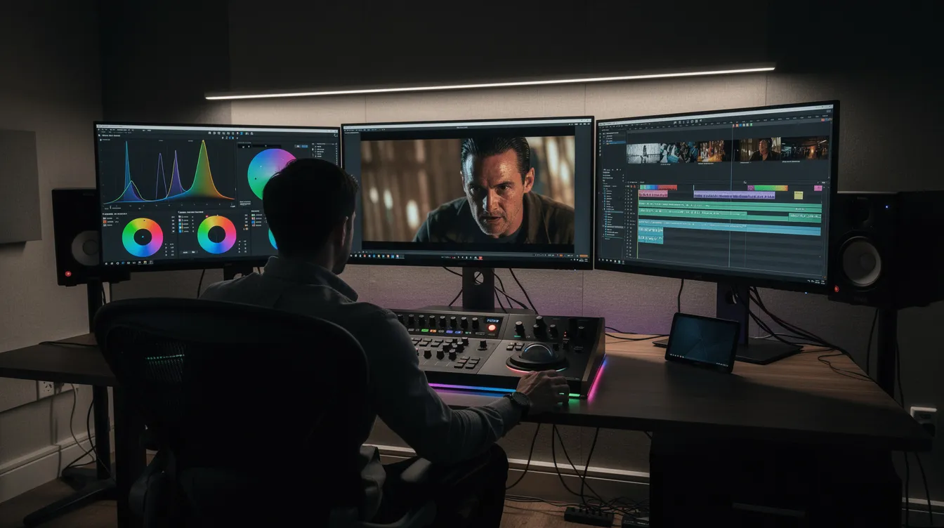 A video editor is focused on their work at a professional color grading workstation, surrounded by multiple monitors displaying various film projects. The environment reflects a high level of professionalism and skill, essential for union members in the media industry, including SAG-AFTRA members.