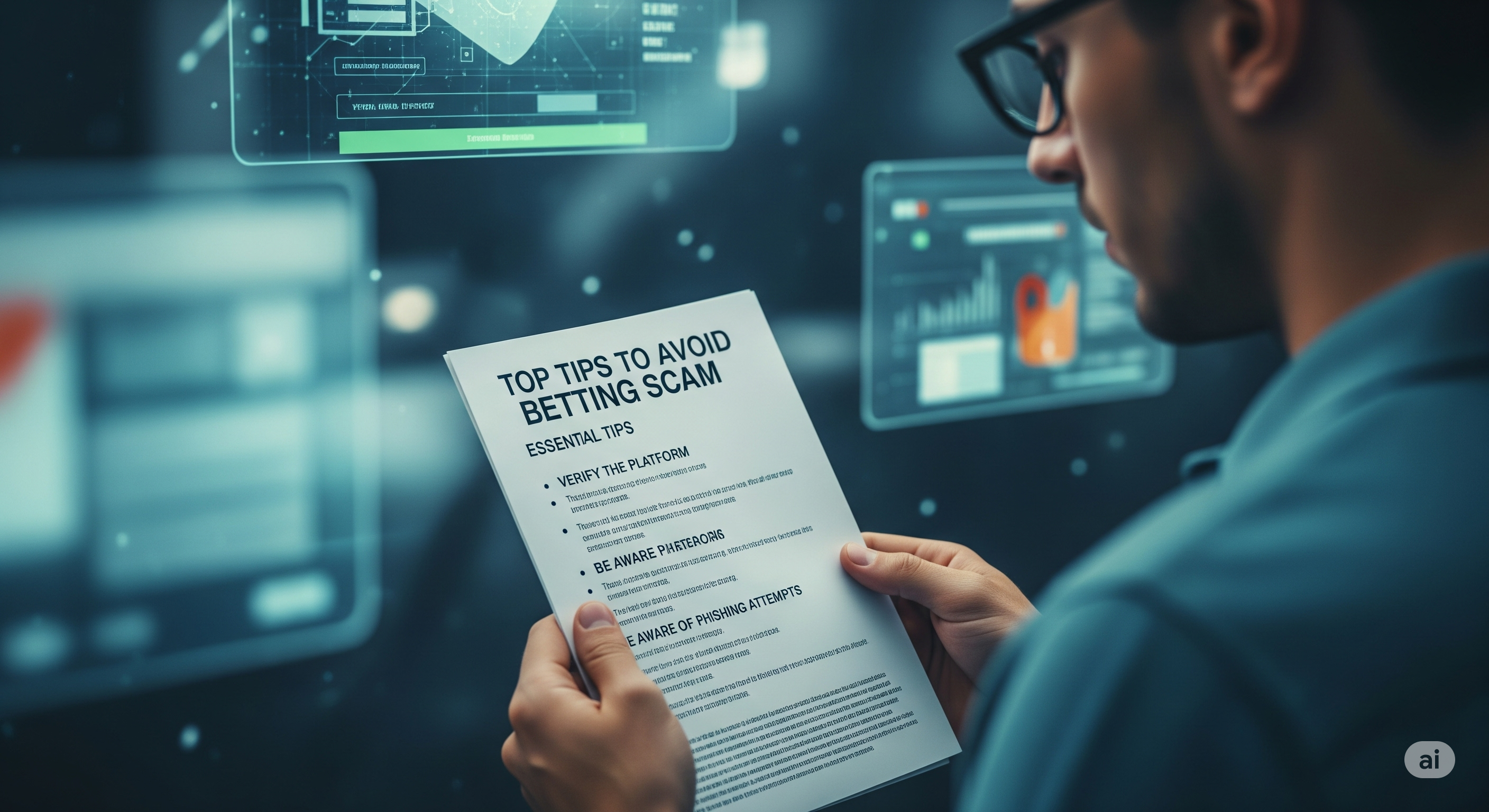 In the image, a person is reading a guide titled "Top Tips to Avoid Betting Scam," which features key points on how to protect yourself from online betting scams. The background includes elements that suggest a digital environment, emphasizing the importance of security and awareness in the world of online betting.