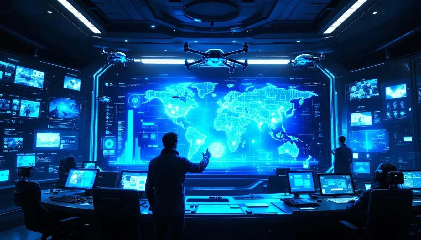 The image depicts a futuristic AI security operations center featuring automated threat response systems designed to implement zero trust security principles. It showcases advanced technology monitoring network traffic and detecting anomalies to safeguard sensitive data from emerging cyber threats.