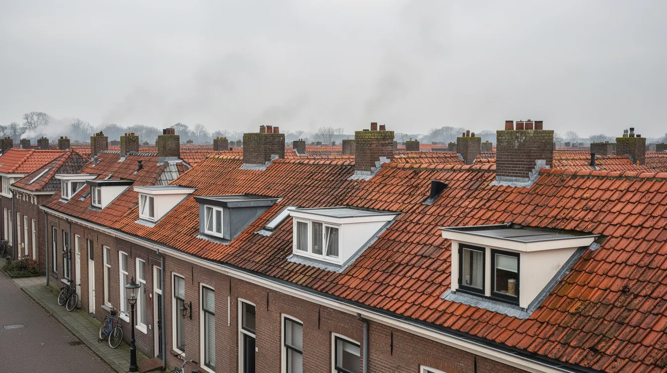 Op de daken van een Nederlandse woonwijk zijn verschillende schoorstenen te zien die lichte rookpluimen uitstoten, wat kan wijzen op het gebruik van traditionele open haarden of moderne houtkachels. Het beeld roept vragen op over verantwoord stoken en de lokale regels rondom houtverbranding in verband met fijnstof en milieuvervuiling.