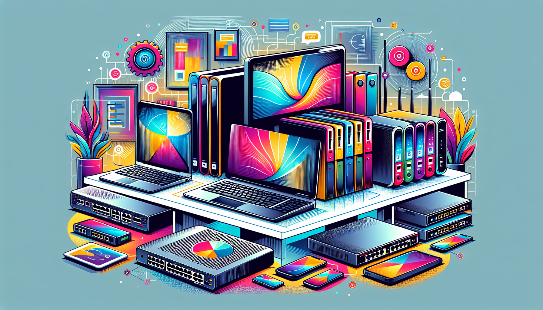 An illustration showing various affordable IT hardware options for small businesses.