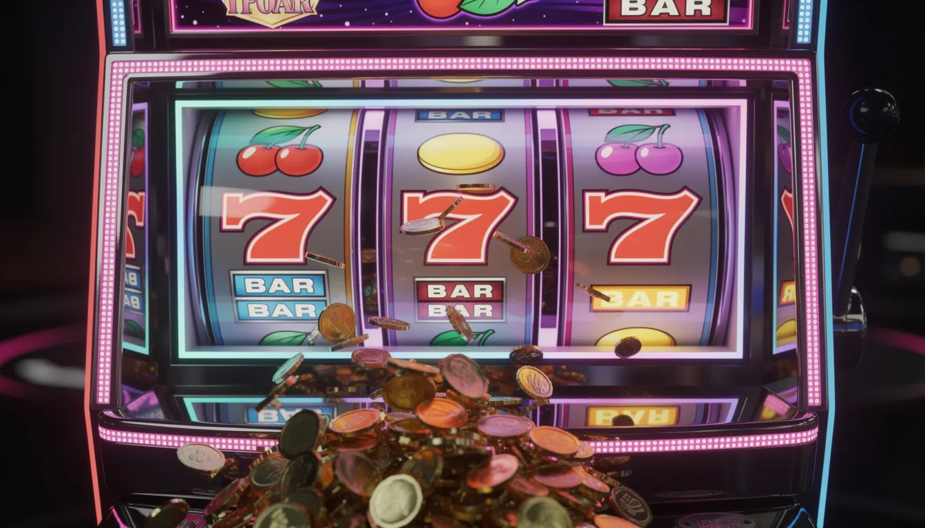 Vibrant slot machine reels spinning with colourful lights and cascading coins.