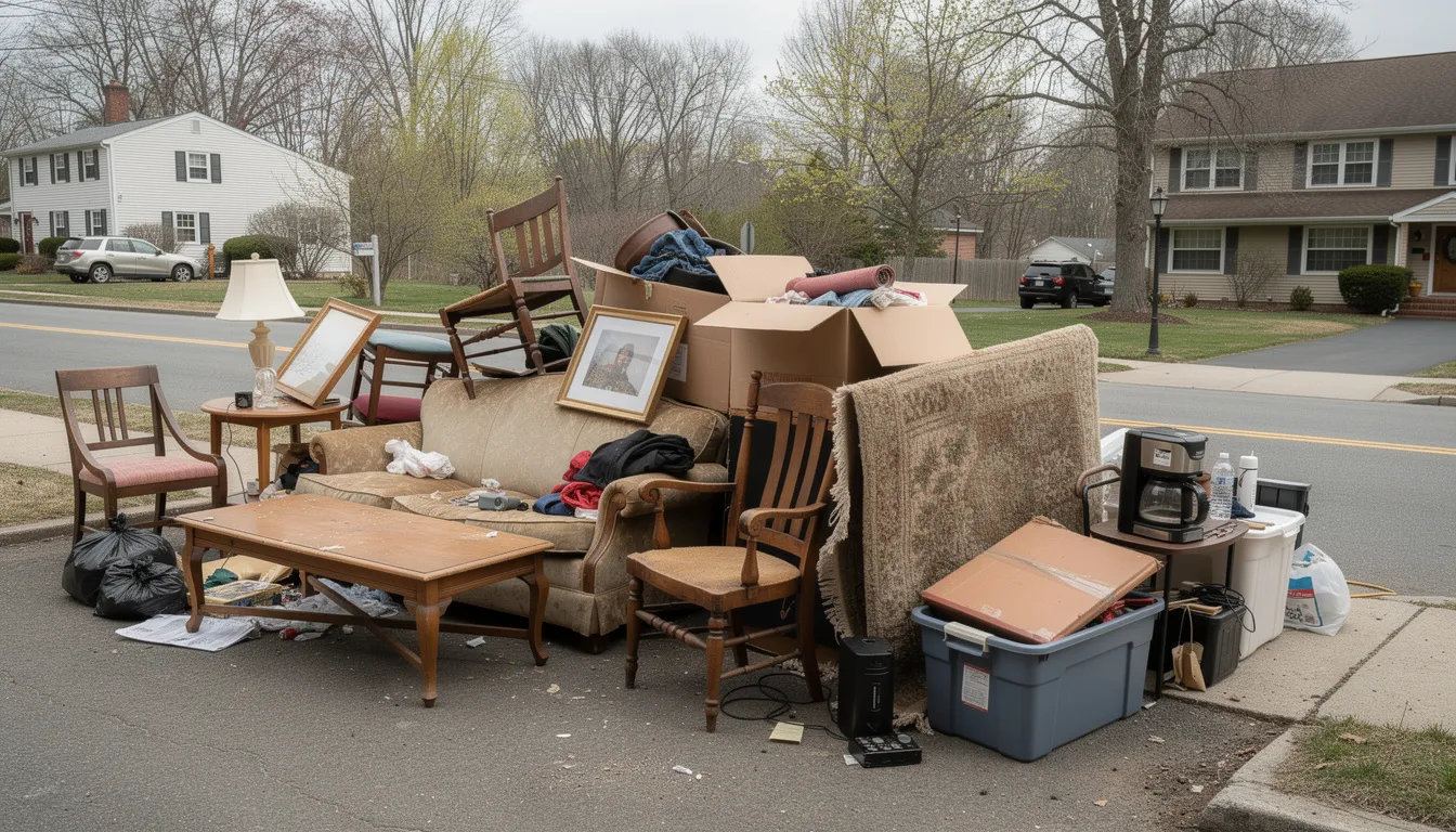 The image shows a large pile of various household items and furniture that have been removed from a home in the Hartford area, including old furniture and appliances, ready for efficient junk removal services. This scene illustrates the comprehensive services offered by professional junk removal experts, helping homeowners clear out unwanted items and clutter.