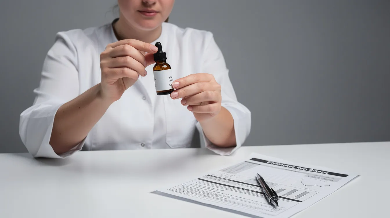 The image shows a person closely examining a dropper bottle of hemp-derived oil, with a lab report document detailing its THC content placed next to it on a table. This scene reflects the careful scrutiny involved in ensuring compliance with Connecticut's state law and the responsible regulation of cannabis products.