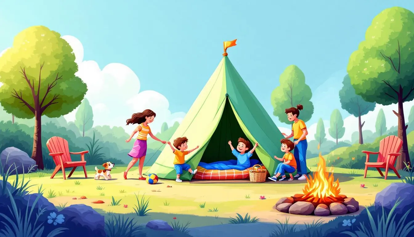 Setting up a campsite with kids, including a tent and camping gear.
