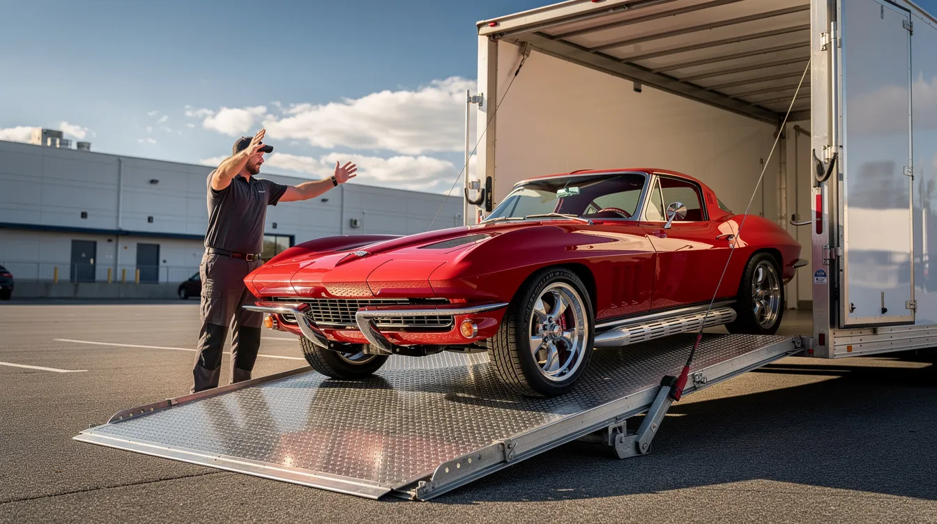 A classic red Corvette is being carefully loaded into an enclosed transport trailer with a liftgate, showcasing the vehicle transport process. This scene highlights the reliable car shipping services used for auto transport, ensuring the luxury car is securely shipped.