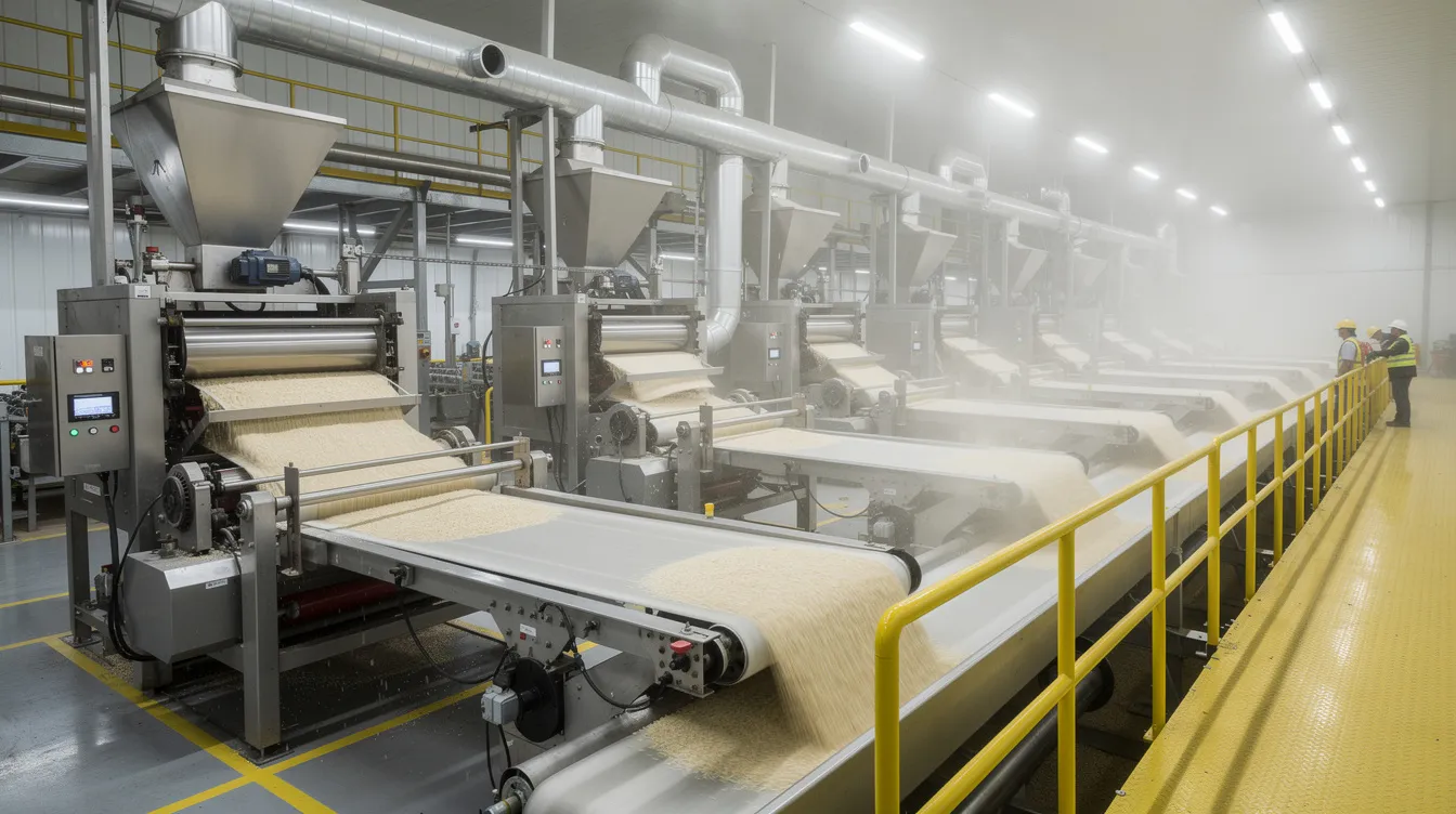 7f22c436 6681 491d 8e83 2ccafe879cc0 The image depicts the interior of a rice mill facility, showcasing advanced automated dehusking and polishing machinery actively processing raw paddy into polished rice. This efficient setup highlights the importance of technology in the rice milling process and its role in meeting market demand.