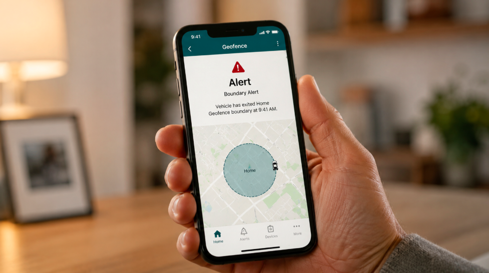 GPS tracker geofence alert on smartphone app for real-time location monitoring
