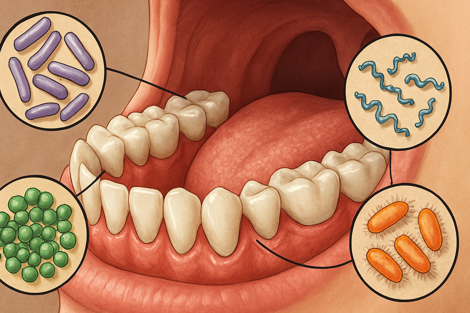 Illustrasjon av ulike bakterietyper i munnhulen, med forstørrede seksjoner som viser former og farger på mikroorganismer rundt tennene og tannkjøttet. hos dyr og mennesker andre organismer dødt organisk materiale typer bakterier bakterier formerer uorganiske forbindelser fleste bakterier forskjellige bakterier liten stav 20 minutter celler kalles inneholder brukes gram forbindelser cellen organiske levende vokser typer planter vis bruker lage hjelp energi oksygen liv deler