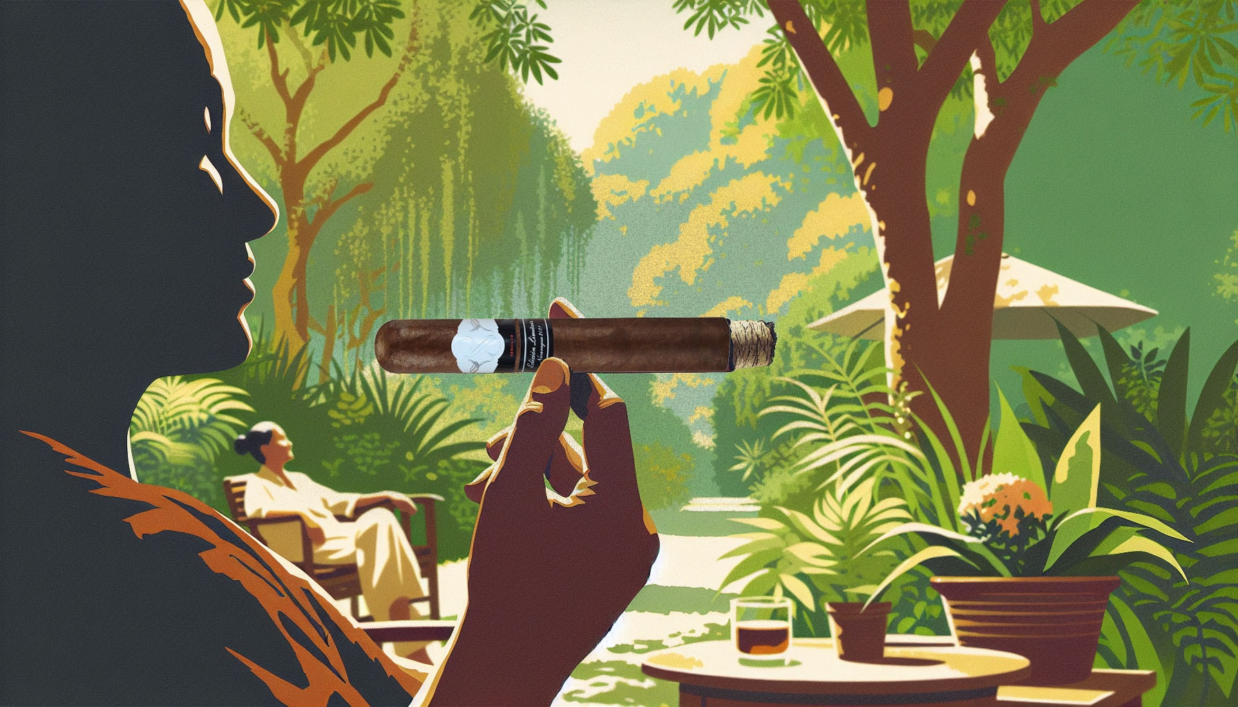 A stylized drawing of a Sencillo Black Gigante cigar being enjoyed in a relaxed outdoor setting.