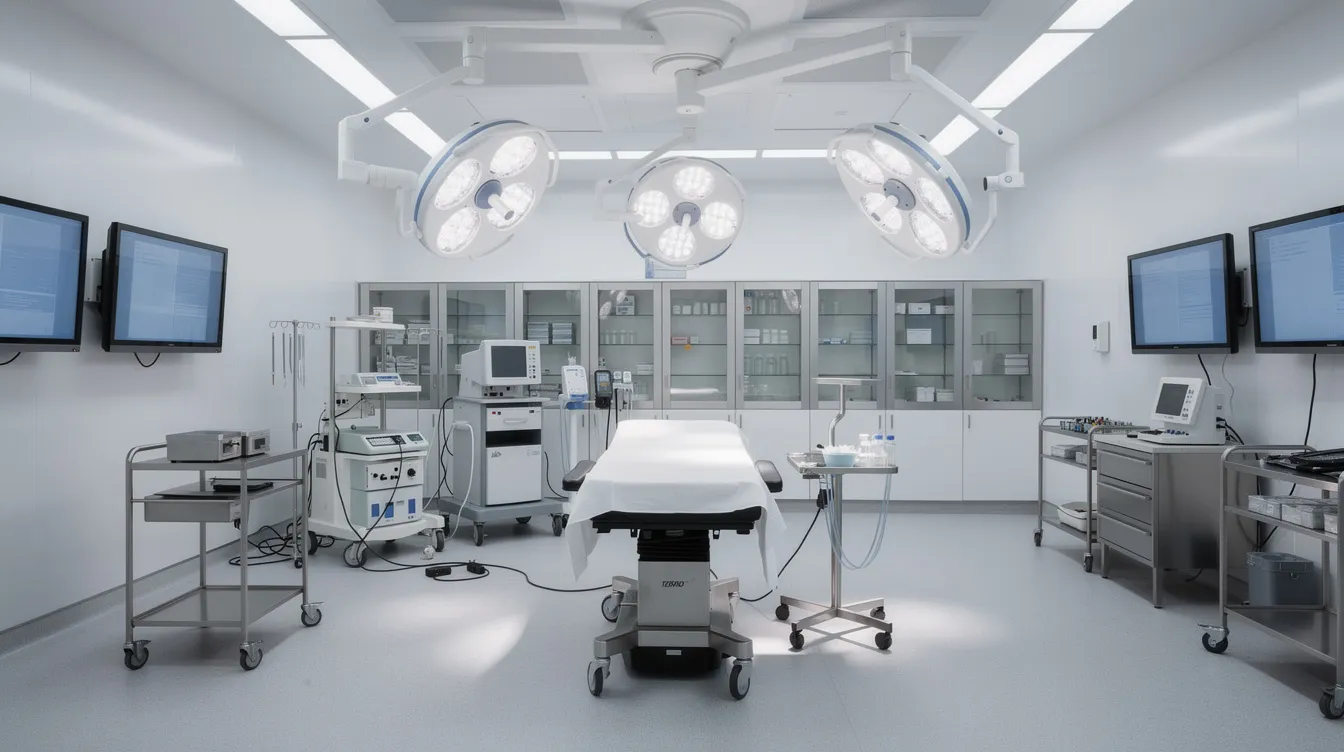 The image depicts a clean, modern surgical suite equipped with bright medical lighting, designed for procedures such as an hourglass tummy tuck. This sterile environment is essential for ensuring the safety and comfort of patients undergoing body sculpting surgeries to achieve a defined waistline and flatter stomach.