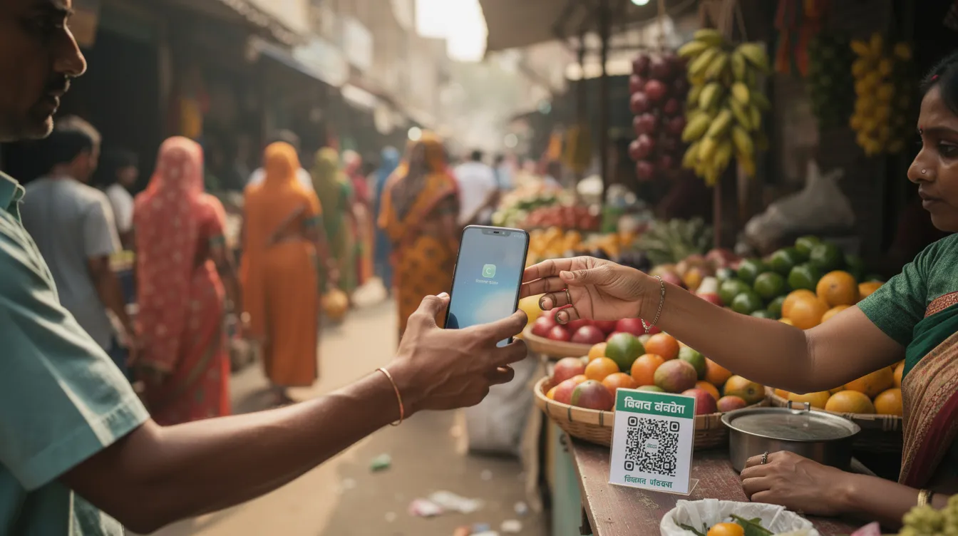 A person is using a smartphone to make a digital payment at a bustling outdoor market stall in Bangladesh, showcasing the convenience of cashless transactions with platforms like bkash. The vibrant market scene features various stalls and shoppers, highlighting the active use of technology in everyday purchases.