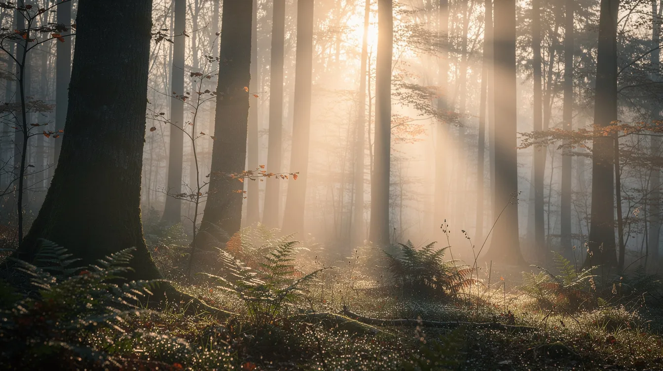A serene woodland scene bathed in soft morning light, with mist gently rising among the trees, creating a tranquil atmosphere. This nature-inspired artwork captures the beauty of the natural world, perfect for enhancing any gallery wall or room decor.