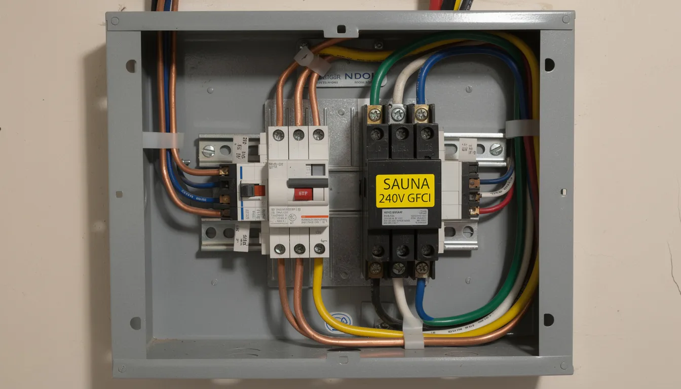 The image shows an electrical panel featuring a dedicated sauna circuit equipped with GFCI protection, essential for safely powering an outdoor sauna heater. This setup ensures compliance with local regulations and is crucial for the proper installation of sauna kits, providing a safe and enjoyable sauna experience.