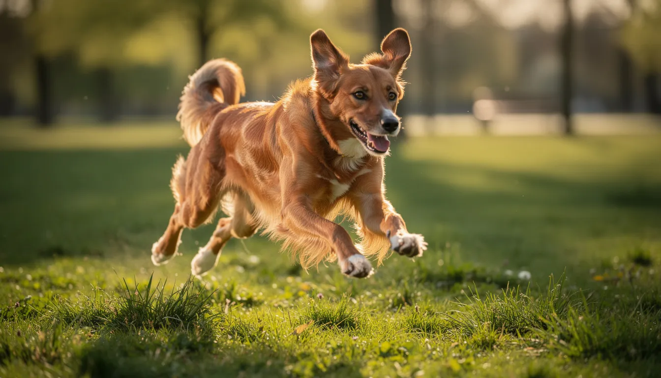 Na zdjęciu widać zdrowego, energicznego psa biegnącego po zielonej trawie, co sugeruje jego dobrą kondycję. Pies cieszy się ruchem, co jest istotne dla prawidłowego mikrobiomu jelitowego i ogólnego zdrowia układu pokarmowego.