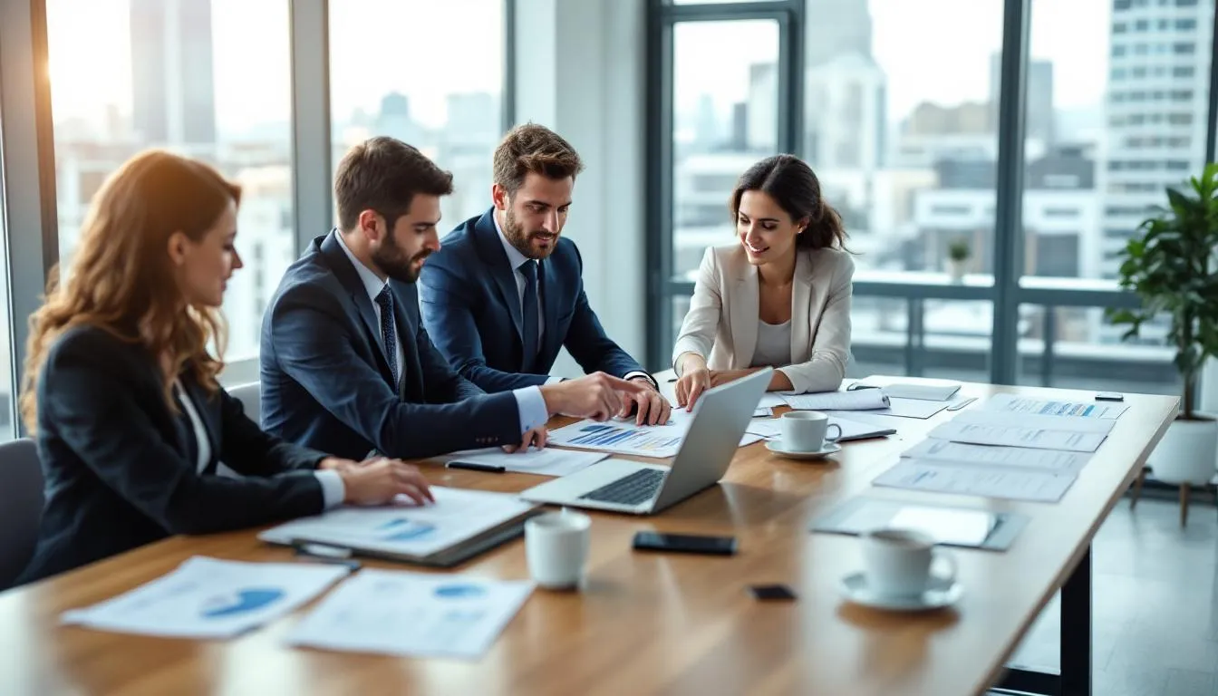 A diverse group of sales and marketing teams collaborates around a conference table, discussing strategies to align their marketing objectives with broader business goals. They are focused on enhancing customer engagement, increasing brand awareness, and tracking performance data to drive revenue growth.