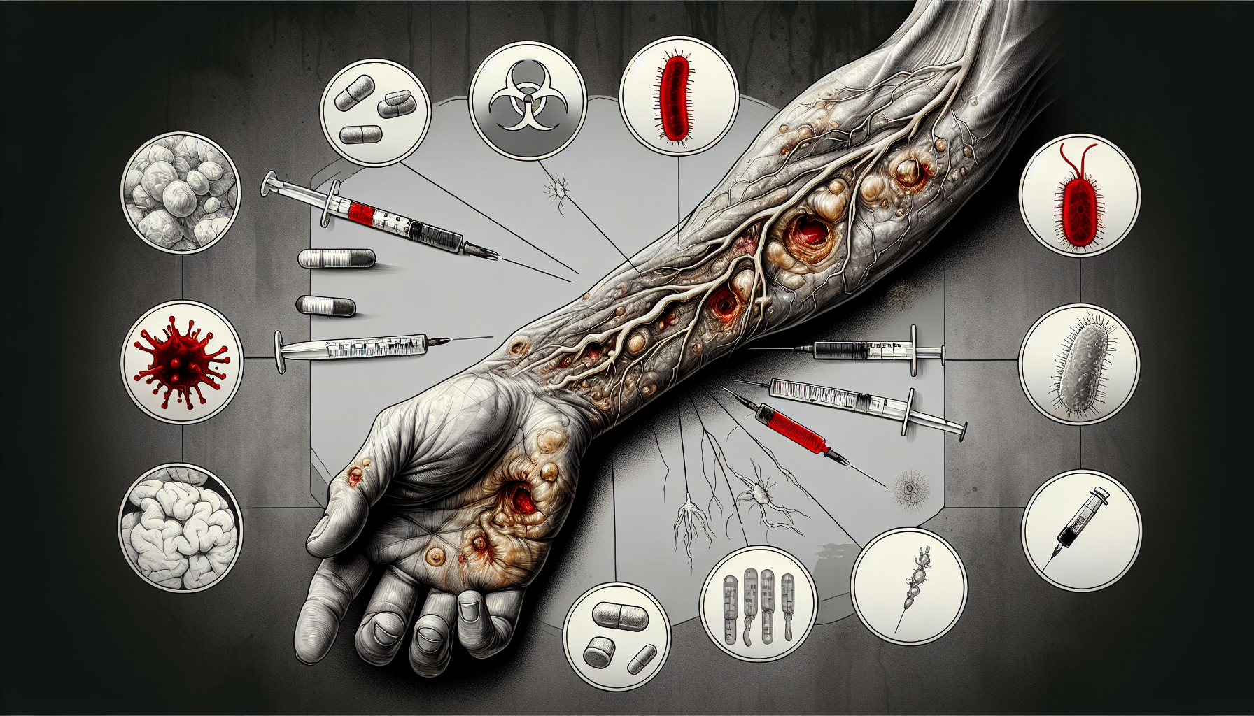 An illustration depicting health risks associated with intravenous drug use.