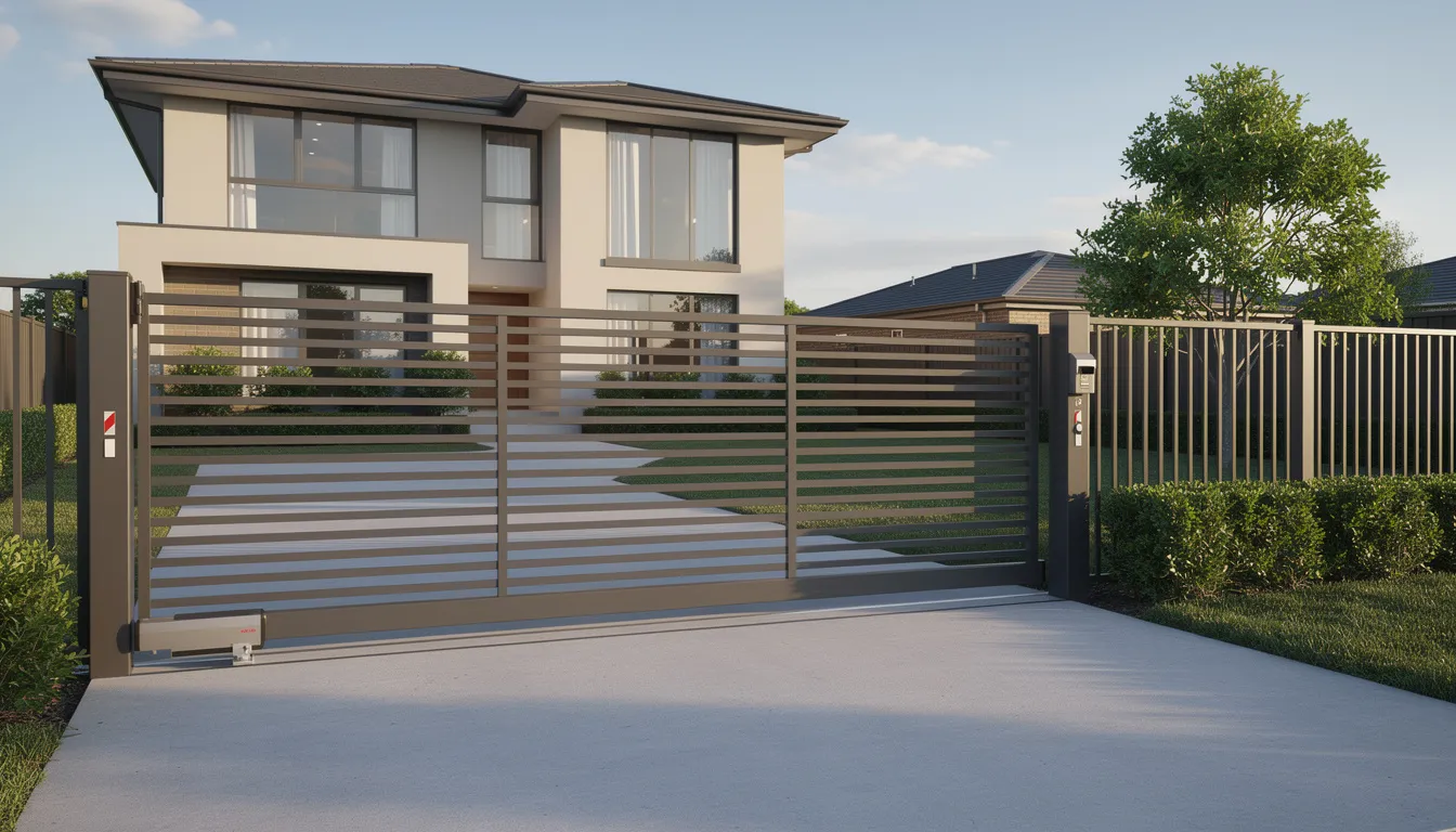 The image depicts a modern automatic sliding gate installed at a residential driveway, showcasing a sleek design that enhances the property's security and convenience. This electric sliding gate is part of an automated gate system, providing a secure access solution for homeowners.