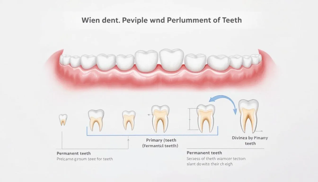 La imagen muestra una cronología del desarrollo dental, ilustrando la transición de los dientes de leche a los dientes permanentes en un paciente. Se pueden observar diferentes cuadrantes de la arcada superior e inferior, con una numeración que indica las piezas dentales, incluyendo incisivos, caninos y molares, en un esquema claro y educativo.