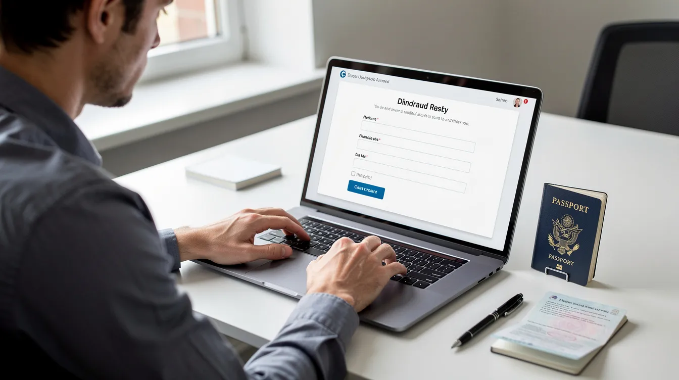 A person is seated at a desk, using a laptop to fill out an online application form for a UAE Dubai visa, with their passport and other documents nearby. This scene captures the process of planning a trip to Dubai, highlighting the importance of completing the necessary forms for entry and travel.