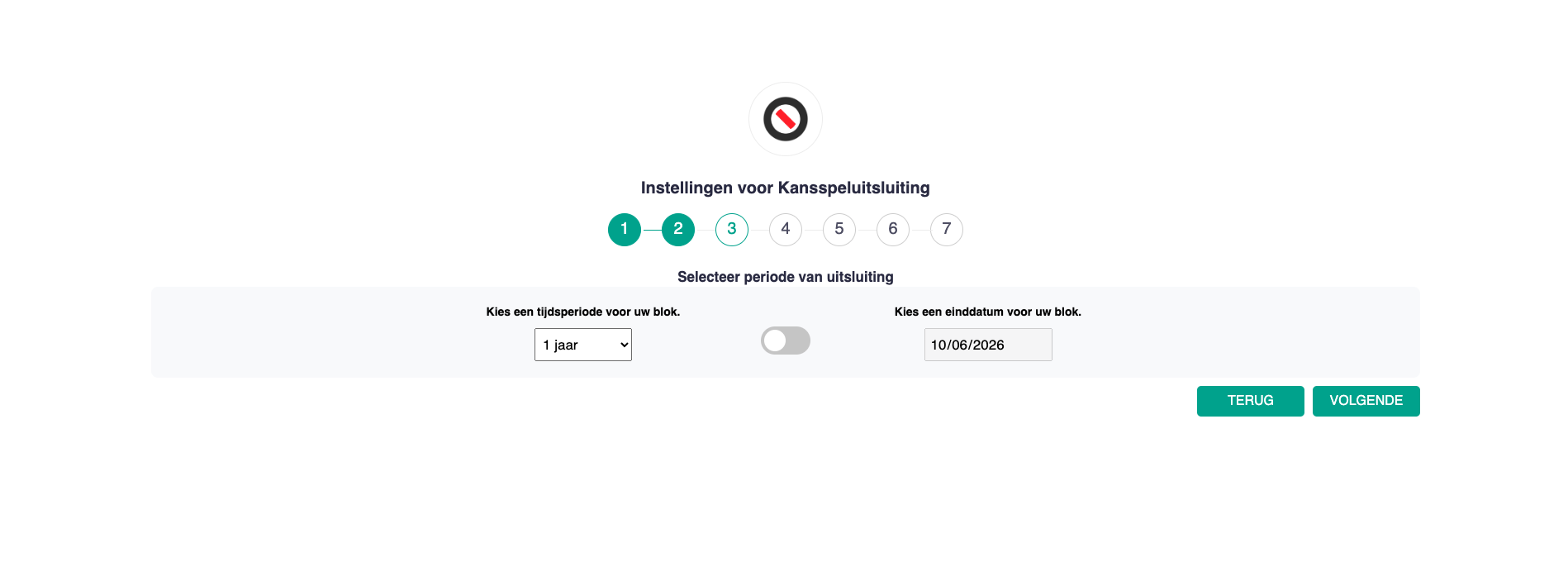 BetBlocker instellingen voor kansspeluitsluiting met keuze van een vaste blokkadeperiode of einddatum.