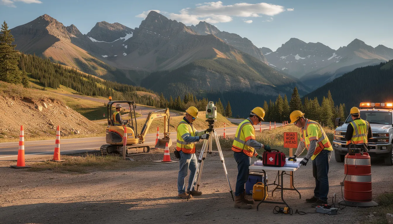 The image depicts a mountain landscape in Gunnison County, where construction workers are actively engaged in their tasks while surrounded by safety equipment. This scene highlights the importance of workplace safety and the potential risks that injured workers may face, underscoring the need for workers compensation attorneys to assist with claims and medical treatment in the event of an accident.