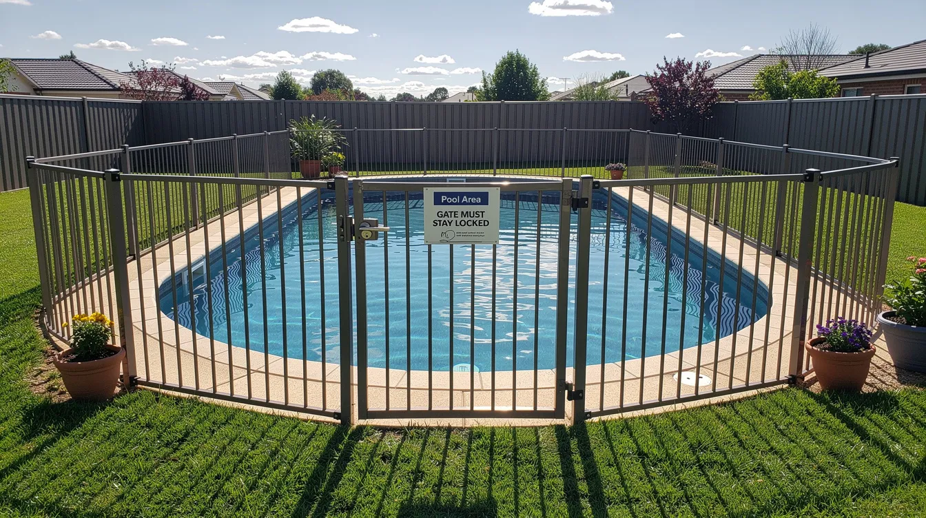 The image shows a backyard swimming pool secured with a safety fence and a locked gate, basking in sunlight. This setup emphasizes the importance of safety precautions, such as active supervision and ensuring rescue equipment is nearby, to mitigate summer safety risks homeowners might overlook during pool parties.